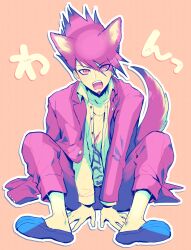 Rule 34 | 1boy, animal ears, blue footwear, danganronpa (series), danganronpa v3: killing harmony, dog boy, dog ears, dog tail, facial hair, full body, goatee, hair between eyes, itsuki (nightlight), jacket, long sleeves, looking at viewer, male focus, momota kaito, open clothes, open mouth, outline, pants, pink eyes, purple hair, shirt, simple background, sitting, slippers, solo, spiked hair, tail, white outline