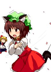 Rule 34 | 1girl, animal ears, bad id, bad pixiv id, brown hair, cat ears, cat tail, chen, cold, dai-erie, doll, earrings, frilled skirt, frills, gerijita, hat, jewelry, long sleeves, mob cap, multiple tails, nekomata, open mouth, shanghai doll, short hair, skirt, tail, touhou, trembling, two tails, vest