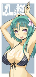 Rule 34 | 10s, 1girl, :d, armpits, arms up, bare arms, bare shoulders, bashou (senran kagura), bikini, blunt bangs, blush, breasts, cleavage, collarbone, dated, flower, front-tie bikini top, front-tie top, green hair, haganemaru kennosuke, hair flower, hair ornament, huge breasts, long hair, looking at viewer, open mouth, purple eyes, senran kagura, senran kagura new wave, smile, solo, stomach, swimsuit, upper body