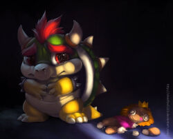 Rule 34 | 1boy, aged down, animal feet, animal hands, armlet, artist name, black background, bowser, character doll, claws, closed mouth, colored skin, dark, deviantart username, full body, furry, furry male, green skin, half-closed eyes, horns, lizard tail, male focus, mario (series), multicolored skin, nintendo, own hands together, princess peach, raised eyebrows, red eyes, red hair, reptile boy, sad, short hair, silverfox5213, simple background, snot, spiked armlet, spiked shell, standing, stuffing, tail, tears, thick eyebrows, watermark, web address, yellow skin