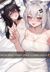 Rule 34 | 2girls, absurdres, ai-assisted, animal ear fluff, animal ears, arknights, artist name, bite mark, bite mark on arm, bite mark on breast, bite mark on face, black hair, blush, breasts, closed eyes, grey eyes, grey hair, guy tired after sex (meme), highres, lappland (arknights), large breasts, lattekoi5252, long hair, meme, multiple girls, parted lips, pillow, scar, scar across eye, selfie, sparkle, teeth, texas (arknights), tongue, tongue out, upper teeth only, v, yuri