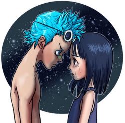 Rule 34 | 1boy, 1girl, black hair, blue hair, child, crying, eye contact, franky (one piece), looking at another, lowres, nico robin, one piece, aged down