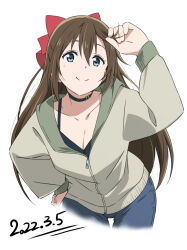 Rule 34 | 1girl, arm up, bent over, black choker, black shirt, blue eyes, blue pants, blush, border, bow, breasts, brown hair, choker, cleavage, closed mouth, collarbone, commentary, dated, fading border, from below, green jacket, hair between eyes, hair bow, hand in own hair, hand on own hip, jacket, long hair, looking at viewer, looking down, love live!, love live! nijigasaki high school idol club, medium breasts, multicolored clothes, multicolored jacket, osaka shizuku, pants, red bow, shirt, smile, solo, two-tone jacket, watanabe keisuke, white background, zipper, zipper pull tab
