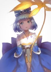 Rule 34 | 1girl, absurdres, blue eyes, blue hair, bow, detached sleeves, gradient background, grey background, hair bow, hair ornament, head tilt, highres, holding, holding leaf, japanese clothes, kimono, layered sleeves, leaf, leaf umbrella, long sleeves, looking at viewer, obi, onmyoji, open mouth, oversized object, sash, short hair, simple background, solo, standing, takko, teeth, upper body, upper teeth only, ying grass