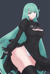 Rule 34 | 1girl, absurdres, black dress, black thighhighs, breasts, cleavage, cleavage cutout, clothing cutout, cosplay, dress, feather-trimmed sleeves, green eyes, green hair, grey background, highres, juliet sleeves, large breasts, leotard, long hair, long sleeves, nier (series), nier:automata, nottme, pneuma (xenoblade), puffy sleeves, simple background, solo, straight hair, thick thighs, thighhighs, thighs, very long hair, white leotard, xenoblade chronicles (series), xenoblade chronicles 2, 2b (nier:automata) (cosplay)