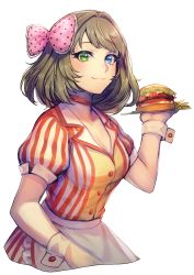 Rule 34 | 10s, 1girl, apple brk, apron, blouse, blue eyes, bow, burger, buttons, choker, commentary, cuffs, food, french fries, green eyes, hair bow, hair intakes, heterochromia, idolmaster, idolmaster cinderella girls, korean text, light brown hair, looking at viewer, medium hair, polka dot, polka dot bow, shirt, simple background, smile, solo, striped clothes, striped shirt, takagaki kaede, tray, waitress, white background