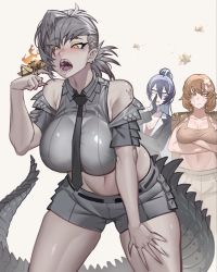Rule 34 | 3girls, arms under breasts, bad id, bad twitter id, black jacket, black necktie, blue hair, breasts, brown hair, brown jacket, bug, cleavage, clothing cutout, collarbone, collared shirt, crossed arms, dinosaur girl, dinosaur tail, grasshopper, grey hair, grey shirt, hair behind ear, highres, insect, jacket, jacket on shoulders, jurassic park, jurassic world, jurassic world: dominion, kamitoge supino, large breasts, leaning forward, long hair, midriff, multiple girls, necktie, orange eyes, ponytail, sharp teeth, shirt, shoulder cutout, tail, teeth