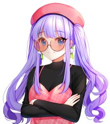 Rule 34 | 1girl, bad id, bad pixiv id, black shirt, blue eyes, blush, bow, bow earrings, brown-framed eyewear, brown-tinted eyewear, closed mouth, crossed arms, dress, earrings, glasses, green bow, jewelry, long hair, looking at viewer, mamel 27, original, pink-tinted eyewear, pink-tinted glasses, pink dress, plaid, plaid dress, purple hair, red-tinted eyewear, red-tinted glasses, round eyewear, shirt, sidelocks, simple background, sleeveless, sleeveless dress, smile, solo, sunglasses, tinted eyewear, transparent background, twintails, unmoving pattern, upper body, white background