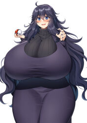 Rule 34 | 1girl, @ @, absurdres, ahoge, alternate breast size, blue eyes, blush, breasts, cowboy shot, creatures (company), curvy, daien, daien418, dress, game freak, gigantic breasts, hair between eyes, hairband, hex maniac (pokemon), highres, holding, holding poke ball, long dress, long hair, long sleeves, messy hair, nail polish, nintendo, open mouth, poke ball, poke ball (basic), pokemon, pokemon xy, purple dress, purple hair, purple nails, simple background, smile, solo, standing, thick thighs, thighs, turtleneck, wavy mouth, white background, wide sleeves