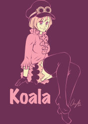 Rule 34 | 1girl, 2015, absurdres, anjeiie, boots, character name, commentary, dated, frilled shirt, frills, full body, gloves, goggles, goggles on headwear, hat, highres, invisible chair, koala (one piece), one piece, pink theme, shirt, short hair, sitting, skirt, smile, solo