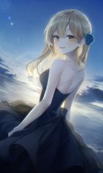 Rule 34 | 1girl, absurdres, backless dress, backless outfit, bare back, bare shoulders, black dress, blonde hair, blue flower, blue rose, blush, cloud, dress, flower, hair between eyes, hair flower, hair ornament, highres, lens flare, long hair, looking at viewer, ocean, open mouth, original, rose, smile, solcha, solo, sunrise, waves, yellow eyes