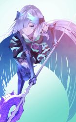 Rule 34 | 1girl, armor, brynhildr (fate), fate/grand order, fate (series), gauntlets, goma0616, hair between eyes, highres, holding, holding polearm, holding spear, holding weapon, long hair, polearm, purple eyes, silver hair, solo, spear, very long hair, weapon