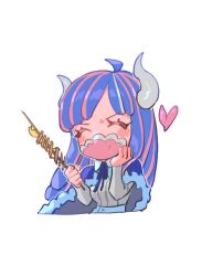 Rule 34 | 1girl, ahoge, blue cape, blue hair, blue skirt, cape, closed eyes, collared shirt, covered mouth, curled horns, dinosaur girl, food, heart, holding, horns, jewelry, long hair, mask, mouth mask, multicolored hair, necklace, one piece, pink hair, pink mask, raine (acke2445), shirt, simple background, skirt, solo, streaked hair, ulti (one piece), white background, white shirt