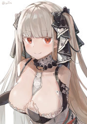 Rule 34 | 1girl, absurdres, azur lane, bare shoulders, between breasts, black ribbon, breasts, cleavage, clothing cutout, dress, formidable (azur lane), frilled dress, frills, gothic lolita, grey hair, hand on own chest, highres, large breasts, lolita fashion, long hair, looking at viewer, necktie, necktie between breasts, red eyes, ribbon, shoulder cutout, simple background, solo, tsukikaze aki, twintails, two-tone dress, two-tone ribbon, upper body, very long hair, white background, white ribbon