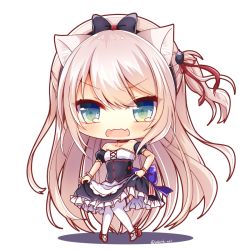 Rule 34 | 1girl, animal ears, azur lane, blue eyes, blush, bow, cat ears, chibi, choker, clothes lift, commentary request, detached sleeves, fang, garter straps, hair bow, hair ribbon, hairband, hammann (azur lane), lifted by self, long hair, looking at viewer, off shoulder, one side up, open mouth, remodel (azur lane), ribbon, silver hair, simple background, skirt, skirt lift, solo, white background, white legwear, yukiyuki 441