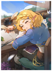 Rule 34 | 1girl, absurdres, black pants, blonde hair, blue shirt, blue sky, book, book on lap, boots, braid, closed eyes, commentary request, crown braid, hair ornament, hairclip, head rest, highres, holding, holding quill, indoors, knee boots, momoju163, nintendo, on chair, open book, open window, pants, parted bangs, parted lips, pointy ears, princess zelda, quill, shirt, sitting, sky, sleeping, solo, the legend of zelda, the legend of zelda: tears of the kingdom, wind, window