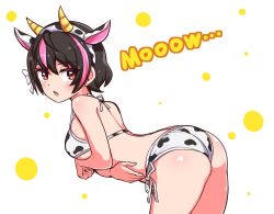 Rule 34 | 1girl, animal ears, animal print, ass, back, beatus creation, bent over, bikini, black hair, breast hold, breasts, butt crack, commentary, cougar (cougar1404), cow ears, cow horns, cow print, cowboy shot, fake animal ears, fake horns, from side, halterneck, hatsume (beatus creation), horns, leaning forward, looking at viewer, looking back, medium breasts, multicolored hair, open mouth, pink hair, polka dot, polka dot background, print bikini, red eyes, short hair, side-tie bikini bottom, solo, standing, streaked hair, swimsuit, wedgie, white background, white bikini