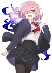 Rule 34 | 1girl, :d, :o, alternate costume, bag, black-framed eyewear, black jacket, black pantyhose, black skirt, blazer, blush, breasts, collared shirt, cowboy shot, creature, creature on shoulder, duffel bag, eyes visible through hair, fate/grand order, fate (series), fou (fate), from below, glasses, hair over one eye, hayashi kewi, jacket, legs together, long sleeves, looking at viewer, looking down, mash kyrielight, medium breasts, medium skirt, necktie, on shoulder, open clothes, open jacket, open mouth, pantyhose, pink hair, plaid, plaid skirt, pleated skirt, purple eyes, red necktie, school bag, school uniform, shirt, short hair, simple background, skirt, smile, solo, standing, white background, white shirt, wing collar