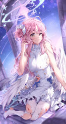 Rule 34 | 1girl, absurdres, angel wings, blue archive, blush, breasts, closed mouth, dress, feathered wings, flower, hair bun, hair flower, hair ornament, halo, highres, injury, large breasts, long hair, mika (blue archive), norimori, pantyhose, pink hair, pink halo, purple flower, single side bun, solo, torn clothes, torn pantyhose, white dress, white pantyhose, white wings, wings, yellow eyes