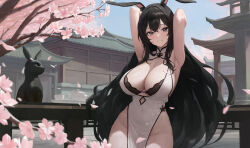 Rule 34 | 1girl, absurdres, animal ears, armpits, bare shoulders, black bra, black eyes, black hair, blush, bra, breasts, cherry blossoms, china dress, chinese clothes, cleavage, crossed bangs, day, dress, highres, kiek qaq, large breasts, long hair, looking at viewer, no panties, original, outdoors, parted lips, rabbit ears, sleeveless, sleeveless dress, smile, solo, underwear