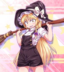 Rule 34 | 1girl, adapted costume, alternate costume, black overalls, black shorts, blonde hair, braid, broom, carrying over shoulder, cowboy shot, hair ribbon, hat, holding, holding broom, kirisame marisa, legs apart, long hair, open mouth, overall shorts, overalls, ribbon, shimizu pem, shirt, short sleeves, shorts, side braid, solo, thick eyebrows, touhou, tress ribbon, v-shaped eyebrows, very long hair, white shirt, witch, witch hat, yellow eyes