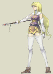 Rule 34 | 1girl, bad id, bad pixiv id, blonde hair, elbow gloves, gloves, green eyes, hidezi, holding, long hair, mystina (valkyrie profile), solo, staff, thighhighs, valkyrie profile (series)