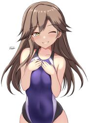 Rule 34 | 1girl, arashio (kancolle), black one-piece swimsuit, blush, breasts, brown hair, competition swimsuit, covered navel, cowboy shot, dated, hands on own chest, highres, impossible clothes, kantai collection, long hair, looking at viewer, medium breasts, montemasa, one-hour drawing challenge, one-piece swimsuit, one eye closed, purple one-piece swimsuit, simple background, smile, solo, swimsuit, twitter username, two-tone swimsuit, white background, yellow eyes