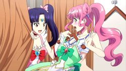 Rule 34 | 2girls, blush, clothes hanger, cosplay, cross ange, cross ange tr, curtains, fitting room, game cg, lingerie, magical girl, multiple girls, naomi (cross ange), official art, open mouth, pink hair, ponytail, purple hair, ribbon, salia (cross ange), smile, surprised, twintails, underwear