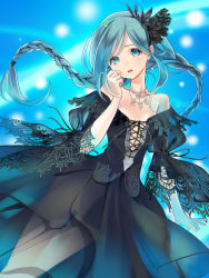 Rule 34 | bare shoulders, black dress, blue eyes, blue hair, braid, crying, crying with eyes open, dress, highres, hisho collection, jewelry, kaekae, lace, necklace, solo, tears, twin braids