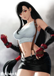 Rule 34 | 1girl, armpits, bare shoulders, black hair, breasts, crop top, detached sleeves, eiwa, final fantasy, final fantasy vii, fingerless gloves, gloves, jewelry, large breasts, lips, long hair, looking at viewer, low-tied long hair, midriff, miniskirt, navel, pencil skirt, red eyes, red gloves, skirt, solo, square enix, stomach, suspender skirt, suspenders, tank top, tifa lockhart, twitter username, white tank top