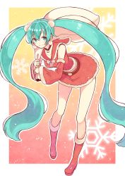 Rule 34 | 1girl, aqua eyes, aqua hair, bent over, boots, christmas, earrings, fur boots, hatsune miku, highres, jewelry, leaning forward, long hair, looking at viewer, outside border, red footwear, sack, santa boots, santa costume, smile, snowflakes, solo, twintails, very long hair, vocaloid, yukiyahiko
