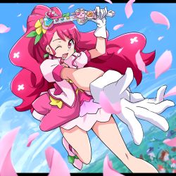 Rule 34 | 1girl, ;d, bare legs, choker, cure grace, dutch angle, gloves, hair ornament, hanadera nodoka, healin&#039; good precure, heart, heart hair ornament, highres, holding, holding wand, layered skirt, letterboxed, long hair, looking at viewer, magical girl, one eye closed, open mouth, out of frame, outstretched hand, petals, pink eyes, pink hair, pink neckwear, pink skirt, precure, shoes, skirt, sky, smile, solo, uraki, wand, white footwear, white gloves