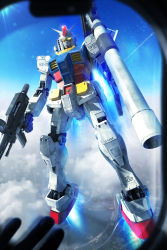 Rule 34 | 3d, absurdres, aircraft, bazooka (gundam), beam rifle, cloud, commentary, contrail, earth federation, energy gun, english commentary, english text, engrish commentary, flying, glowing, glowing eyes, gundam, highres, insignia, lens flare, light rays, logo, looking at viewer, machinery, mecha, michaellee4, mobile suit, mobile suit gundam, realistic, robot, roundel, rx-78-2, science fiction, sky, sun, thrusters, weapon, window