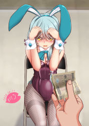 Rule 34 | 1girl, 1other, animal ears, black pantyhose, blue hairband, blue neckwear, blurry, bow, bowtie, braid, breasts, brown eyes, chair, cleavage, dated, depth of field, detached collar, fake animal ears, fishnet pantyhose, fishnets, hair over eyes, hairband, hamanami (kancolle), holding, holding money, kantai collection, leotard, long hair, looking at viewer, moke ro, money, pantyhose, playboy bunny, pov, pov hands, rabbit ears, silver hair, single braid, sitting, small breasts, strapless, strapless leotard, thighband pantyhose, wrist cuffs, yen