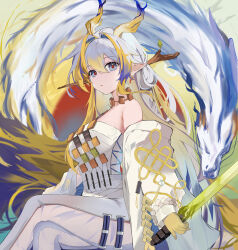 Rule 34 | 1girl, absurdres, arknights, bare shoulders, bipup-hola, blonde hair, blue hair, blue horns, breasts, dragon girl, dragon horns, dragon tail, earrings, grey hair, hair between eyes, highres, horns, jacket, jewelry, large breasts, long hair, long sleeves, looking at viewer, multicolored hair, necklace, off shoulder, open clothes, pants, pointy ears, purple horns, shirt, shu (arknights), solo, strapless, strapless shirt, tail, tassel, tassel earrings, tube top, white jacket, white pants, white tube top, yellow horns, yellow tail