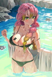 Rule 34 | 1girl, absurdres, bikini, black bikini, breast tattoo, breasts, cleavage, closed mouth, commentary request, gradient hair, green eyes, green hair, highres, jhigf, kanroji mitsuri, kimetsu no yaiba, large breasts, long hair, multicolored hair, navel, onsen, partially submerged, pink hair, solo, standing, swimsuit, tattoo, tri braids, water, wet