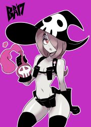 Rule 34 | 1girl, bigdead, cosplay, cowboy shot, crossover, hat, highres, kill la kill, little witch academia, nude, nudist beach uniform, potion, purple background, skull, solo, sucy manbavaran, thick thighs, thighs, witch hat