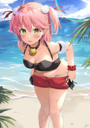 Rule 34 | 1girl, absurdres, ahoge, amayo (amayo000), beach, bell, black choker, black shirt, blush, breasts, choker, cleavage, clothes pull, green eyes, highres, hololive, large breasts, leaning forward, looking at viewer, medium hair, pink hair, pulled by self, sakura miko, sakura miko (work), shirt, short shorts, shorts, shorts pull, side-tie shorts, solo, thighs, virtual youtuber, water
