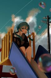 Rule 34 | 1girl, aqua eyes, aqua hair, black hoodie, blurry, blurry foreground, blowing bubbles, bubble pipe, cloud, contrail, crying, crying with eyes open, film grain, furrowed brow, hatsune miku, highres, hood, hoodie, long hair, noranucoo, outdoors, power lines, sad, sitting, slide, soap bubbles, solo, tears, twintails, utility pole, vocaloid