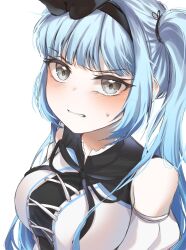 Rule 34 | 1girl, bare shoulders, black bow, black dress, black ribbon, blue hair, blush, bow, breasts, detached sleeves, dot nose, dress, grey eyes, hair bow, hair ribbon, hairband, highres, jacket, long hair, looking at viewer, magician (ice lightning), maplestory, medium breasts, neck ribbon, puffy short sleeves, puffy sleeves, ribbon, rong (57383660), short sleeves, sleeveless, sleeveless dress, solo, solo focus, sweatdrop, teeth, twintails, upper body, v-shaped eyebrows, white background, white jacket, white sleeves