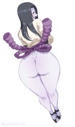 Rule 34 | 1girl, ass, black hair, blush, breasts, facial mark, full body, genderswap, genderswap (mtf), high heels, highres, jewelry, lightsource, lips, long hair, looking at viewer, looking back, makeup, mature female, naruto (series), open mouth, orochimaru (naruto), pale skin, simple background, sketch, slit pupils, thick thighs, thighs, white background, wide hips, yellow eyes