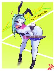 Rule 34 | 1girl, absurdres, animal ears, ass, bare legs, bare shoulders, black high heels, black leotard, blue skin, breasts, carrot, colored skin, curvy, cyberpunk (series), cyberpunk edgerunners, fake animal ears, fake tail, fi zz ill, food in mouth, full body, green hair, hair down, hand on own knee, heart, high heels, highleg, highleg leotard, highres, huge ass, leotard, long hair, looking at viewer, playboy bunny, rabbit tail, rebecca (cyberpunk), red eyes, seductive gaze, shiny clothes, shiny skin, small breasts, solo, standing, tail, thighs, title, twintails, wide hips, wrist cuffs, yellow background