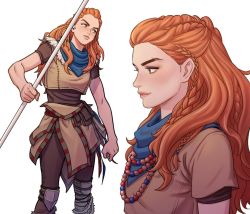 Rule 34 | 1girl, aloy (horizon), blue scarf, braid, clenched hand, commentary request, earpiece, eyebrow cut, fingernails, forehead, freckles, green eyes, holding, holding polearm, holding spear, holding weapon, horizon (video game), horizon zero dawn, jewelry, jyolin manula, korean commentary, lips, long hair, mismatched eyebrows, multiple braids, multiple views, neckerchief, necklace, nose, pearl necklace, polearm, pouch, scar, scarf, spear, thick eyebrows, tribal, weapon, white background
