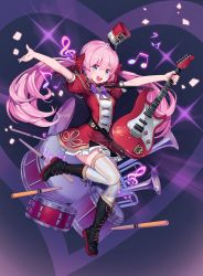 Rule 34 | 1girl, :d, beamed sixteenth notes, black thighhighs, blue eyes, boots, bow, commentary request, cross-laced footwear, cymbals, drum, drumsticks, frilled skirt, frills, hair between eyes, hair bow, hat, heart, highres, holding, holding instrument, instrument, instrument request, jacket, korean commentary, lace-up boots, lim jaejin, long hair, mini hat, musical note, open mouth, outstretched arms, pink hair, pleated skirt, puffy short sleeves, puffy sleeves, red bow, red hat, red jacket, red skirt, round teeth, shako cap, short sleeves, skirt, smile, solo, soulworker, sparkle, spread arms, stella unibell, striped clothes, striped thighhighs, teeth, thighhighs, thighhighs under boots, treble clef, trumpet, twintails, unworn hat, unworn headwear, upper teeth only, vertical-striped clothes, vertical-striped thighhighs, very long hair, white thighhighs