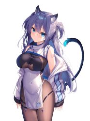 Rule 34 | 1girl, absurdres, animal ears, bandaid, bandaid on shoulder, blue eyes, bodystocking, breasts, cat ears, cat girl, cat tail, check copyright, closed mouth, clothing cutout, copyright request, covered navel, cowboy shot, head tilt, high collar, highres, jacket, long hair, long sleeves, looking at viewer, mole, mole on breast, mole under eye, off shoulder, open clothes, open jacket, original, pelvic curtain, purple hair, revealing clothes, shanguier, shrug (clothing), simple background, skindentation, sleeveless, solo, standing, tail, thigh strap, thighs, two side up, underboob cutout, white background, white jacket