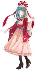 Rule 34 | 1girl, boots, bow, cross-laced footwear, dress, frilled bow, frilled dress, frilled ribbon, frills, front ponytail, full body, green eyes, green hair, hair ribbon, high heel boots, high heels, highres, japanese clothes, kagiyama hina, kimono, lace-up boots, looking at viewer, miyakure, print kimono, red kimono, red ribbon, ribbon, simple background, smile, solo, touhou, white background