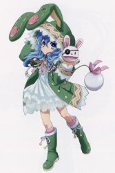 Rule 34 | 10s, 1girl, animal costume, animal ears, animal hood, blue eyes, blue hair, blush, boots, coat, copyright name, date a live, dress, from side, gradient background, hand puppet, highres, hood, long hair, looking at viewer, matching hair/eyes, open mouth, pink socks, puppet, rabbit costume, rabbit ears, socks, solo, standing, stuffed animal, stuffed rabbit, stuffed toy, white dress, yoshino (date a live), yoshinon