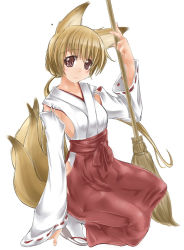 Rule 34 | 1girl, abubu, animal ears, bamboo broom, belt, blush, breasts, broom, brown eyes, collarbone, detached sleeves, flip-flops, fox ears, fox tail, hakama, hakama skirt, head tilt, hip focus, hip vent, japanese clothes, light brown hair, looking at viewer, miko, multiple tails, no bra, original, red hakama, sandals, shiny skin, side slit, sideboob, simple background, skirt, sleeves past wrists, smile, solo, squatting, tail, white background, wide sleeves