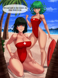 Rule 34 | 2girls, ankle strap, armpits, arms up, artist name, ass, bare legs, bare shoulders, barefoot, beach, black hair, blue sky, breasts, cleavage, collarbone, covered navel, curly hair, curvy, english text, feet, fubuki (one-punch man), full body, green eyes, green hair, highleg, highleg swimsuit, highres, huge ass, kneeling, large breasts, lifeguard, lips, looking at viewer, matching hair/eyes, multiple girls, one-piece swimsuit, one-punch man, red one-piece swimsuit, rocky-ace, short hair, siblings, sisters, sky, small breasts, standing, swimsuit, tatsumaki, thighs, toes, water, wide hips