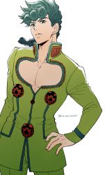 Rule 34 | 1boy, alternate color, braid, bug, cleavage cutout, clothing cutout, giorno giovanna, gradient hair, green eyes, green hair, hand on own hip, haruko (chikadoh), insect, jojo no kimyou na bouken, ladybug, male focus, multicolored hair, pectoral cleavage, pectorals, solo, vento aureo, wing ornament
